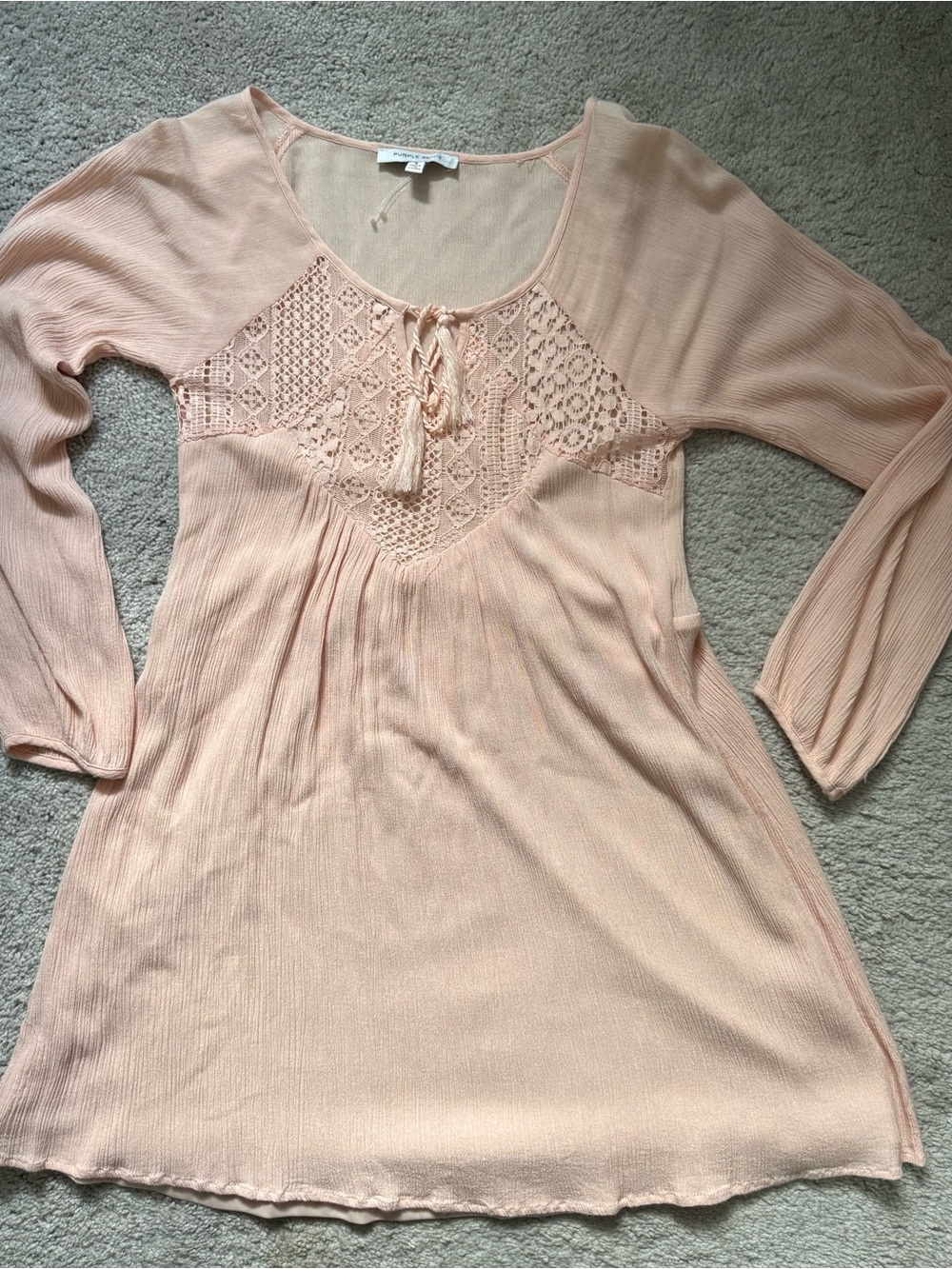 Purple Snow Peach Crochet Yoke Long Sleeve Tunic